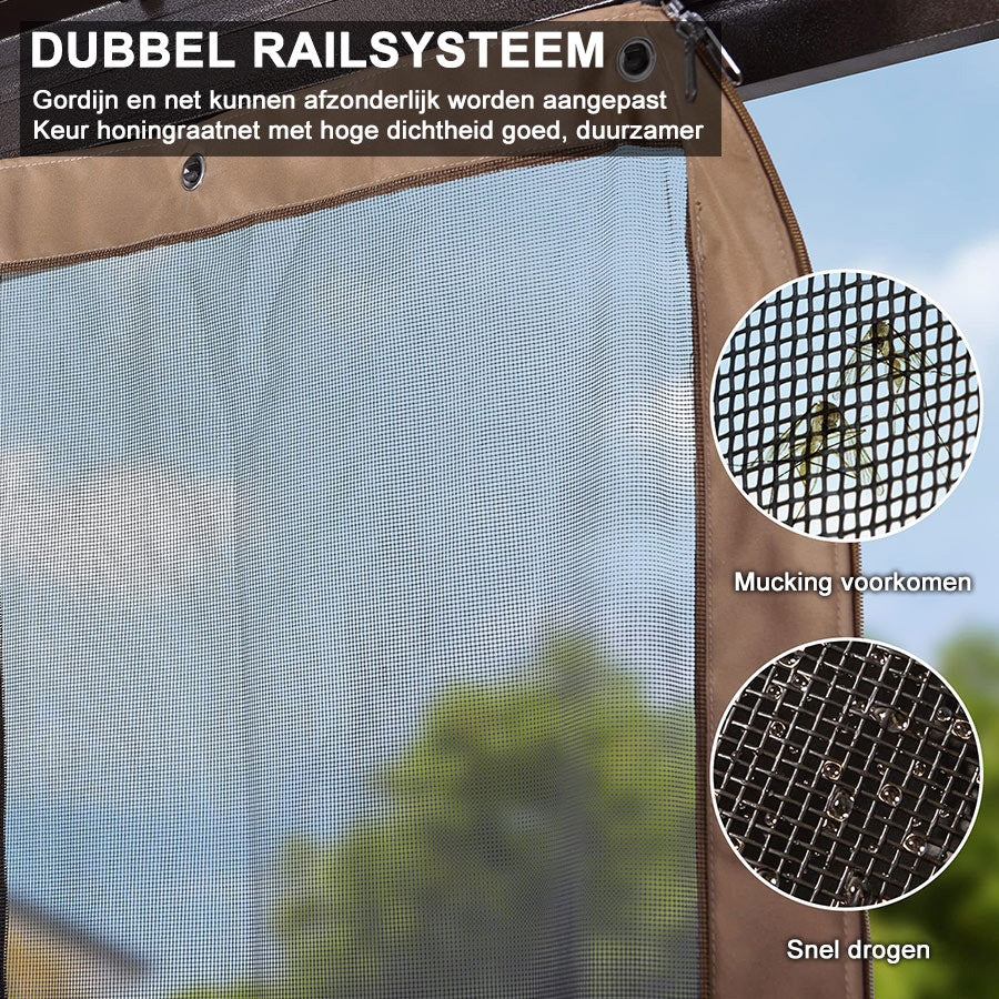 PURPLE LEAF Tuinpaviljoen Hardtop Prieel Frame Aluminium Gegalvaniseerd Stalen Dak Zonwering Partytent met Gordijn en Klamboe bronzen