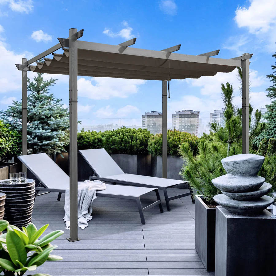 PURPLE LEAF pergola, aluminium paviljoen houtlook waterdicht stabiel wintervast, tuinpaviljoen met zonwerende overkapping