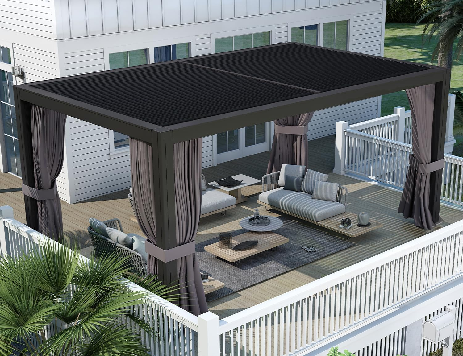 PURPLE LEAF Paviljoen 3 x 4 m Waterdichte pergola met gaasdak Aluminium terrasoverkapping Hardtop paviljoen met klamboe en gordijnen, grijs