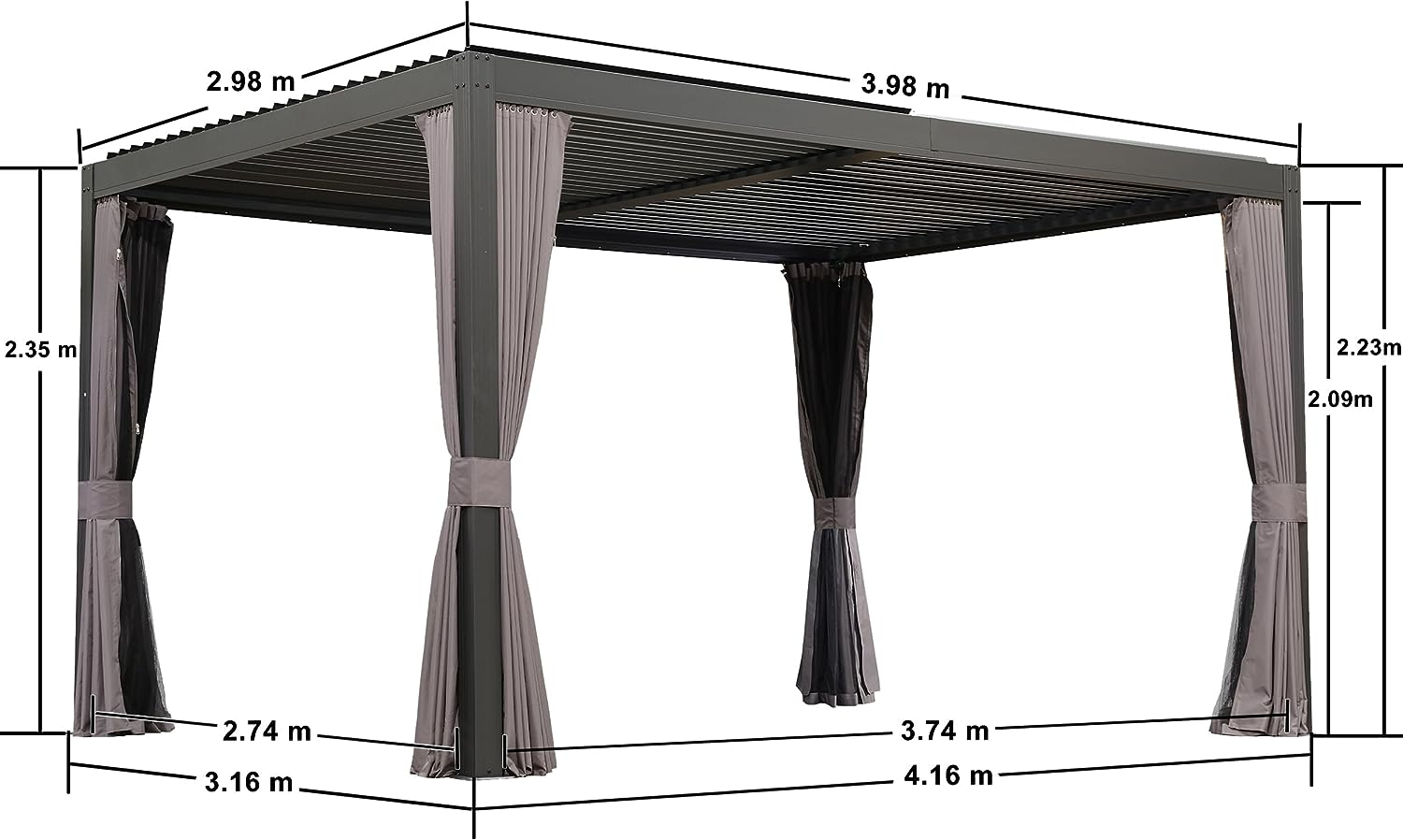 PURPLE LEAF Paviljoen 3 x 4 m Waterdichte pergola met gaasdak Aluminium terrasoverkapping Hardtop paviljoen met klamboe en gordijnen, grijs