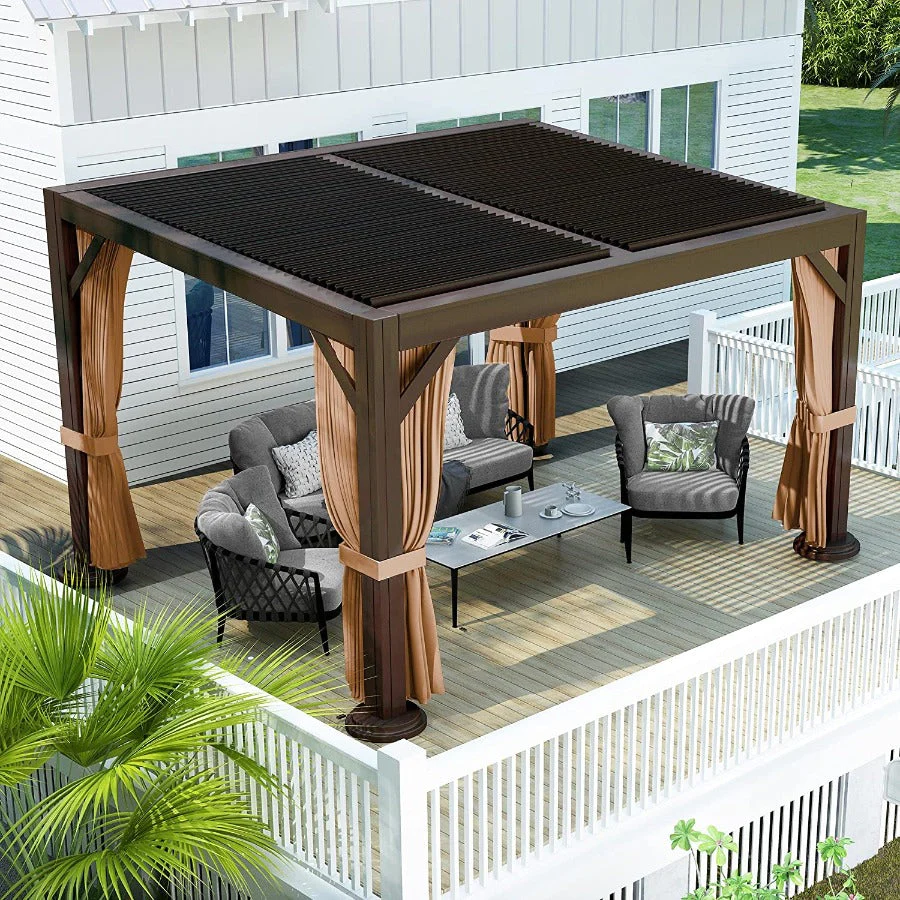 PURPLE LEAF Paviljoen 3 x 4 m Waterdichte pergola met gaasdak Aluminium terrasoverkapping Hardtop paviljoen met scherm en gordijnen, brons