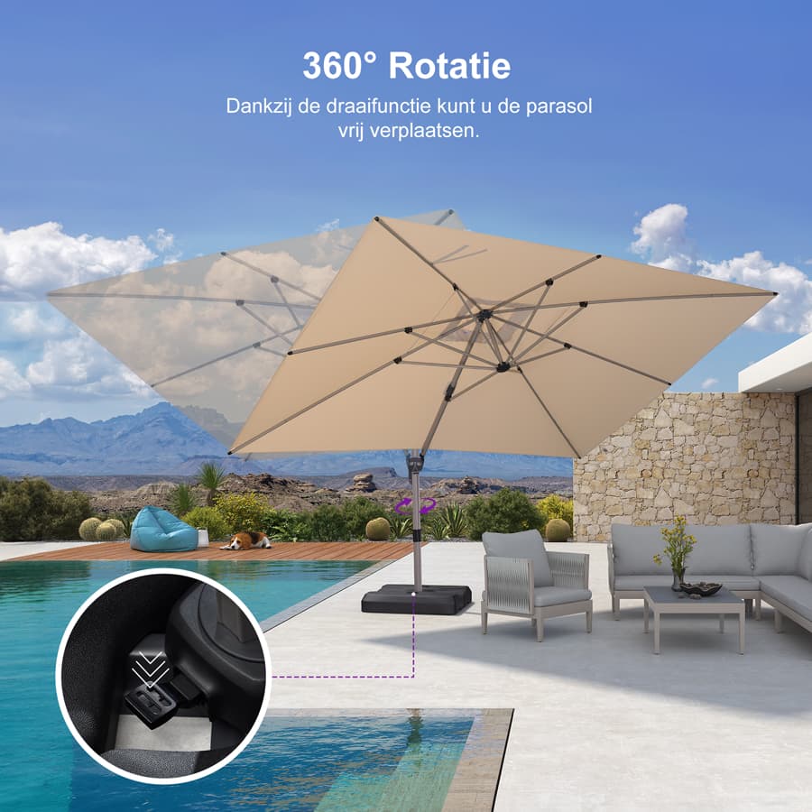 PURPLE LEAF Deluxe Zweefparasol - Rechthoekig Aluminium - Windbestendig & 360° Draaibaar voor Tuin en Terras