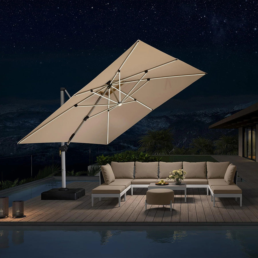 PURPLE LEAF Vierkante Zweefparasol met LED, Dubbel Dak, 360° Draaibaar voor Tuin en Terras