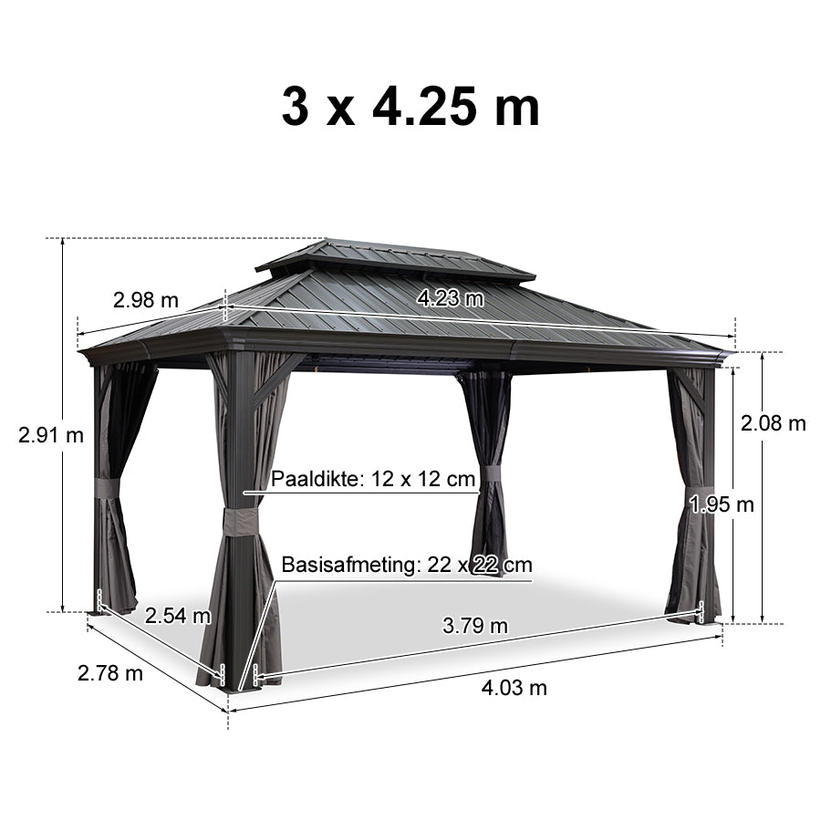 PURPLE LEAF Aluminium Hardtop Paviljoen, Luxe Tuinpaviljoen met Gegalvaniseerd Stalen Dak, Gordijnen en Klamboe, Grijs