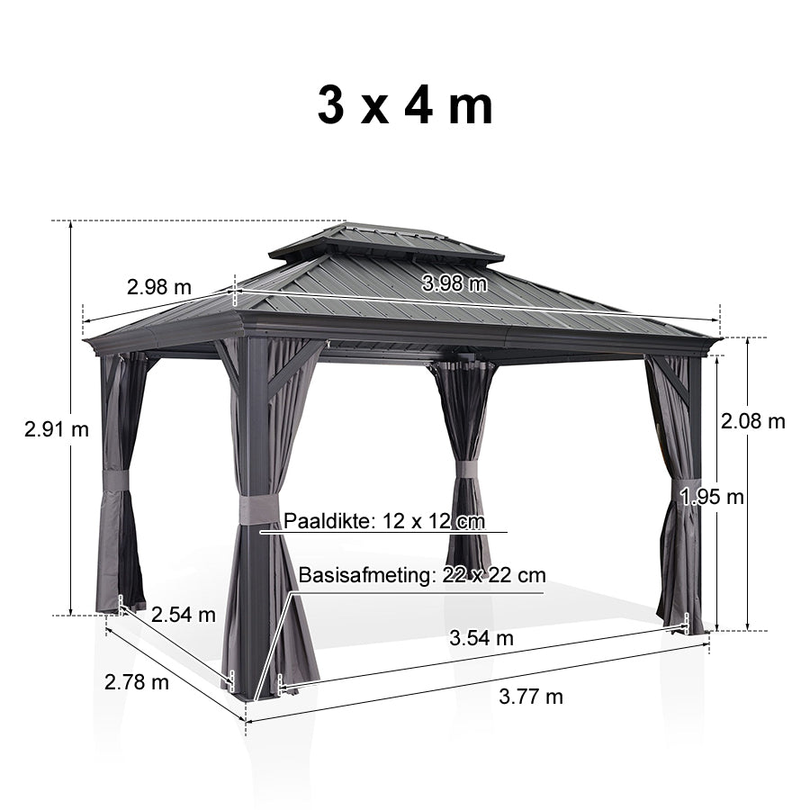PURPLE LEAF Aluminium Hardtop Paviljoen, Luxe Tuinpaviljoen met Gegalvaniseerd Stalen Dak, Gordijnen en Klamboe, Grijs