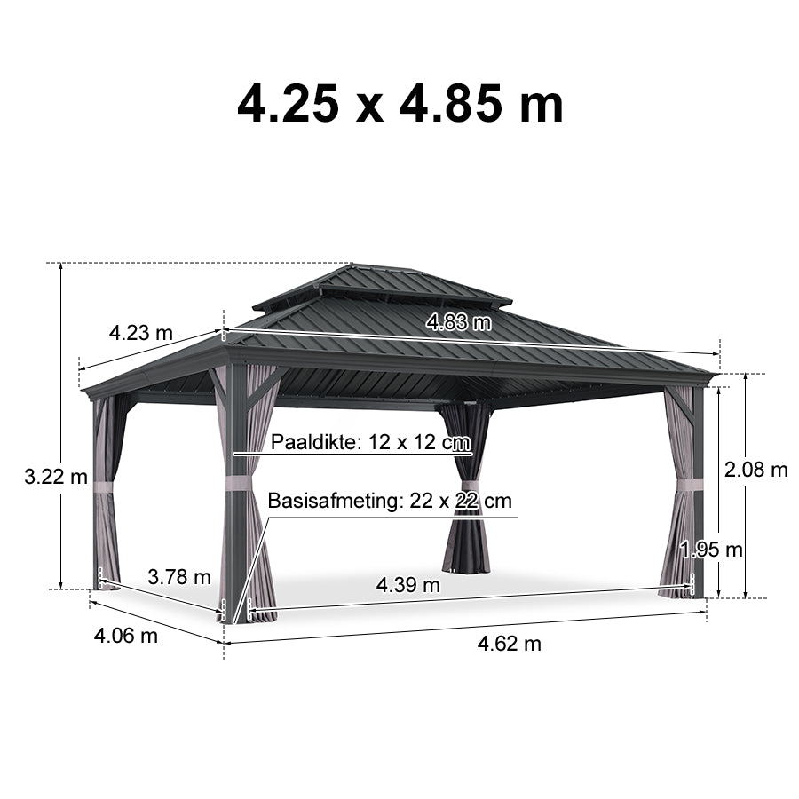 PURPLE LEAF Aluminium Hardtop Paviljoen, Luxe Tuinpaviljoen met Gegalvaniseerd Stalen Dak, Gordijnen en Klamboe, Grijs