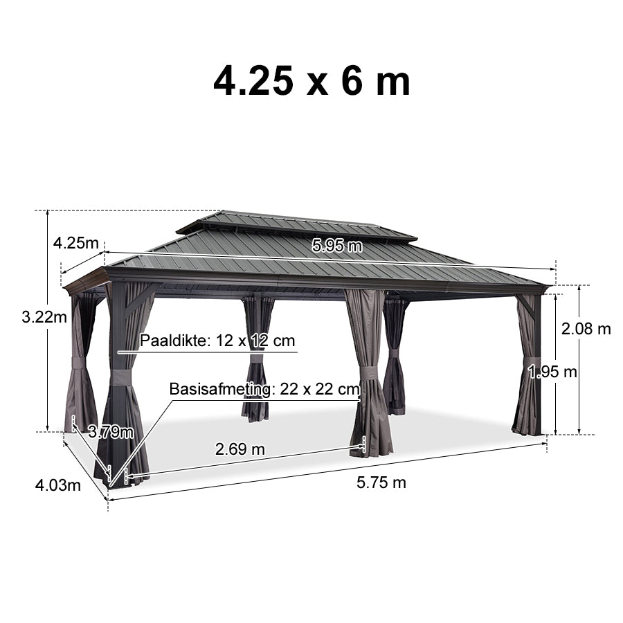 PURPLE LEAF Aluminium Hardtop Paviljoen, Luxe Tuinpaviljoen met Gegalvaniseerd Stalen Dak, Gordijnen en Klamboe, Grijs