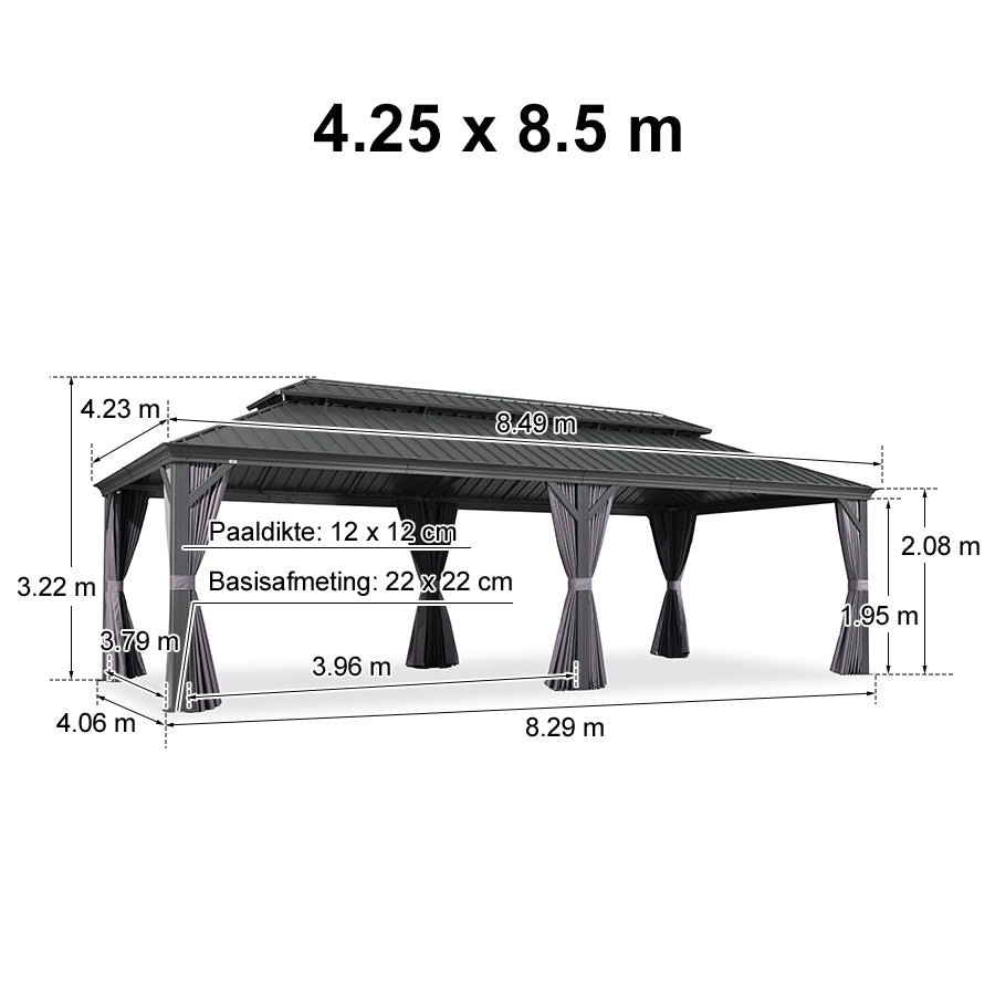 PURPLE LEAF Aluminium Hardtop Paviljoen, Luxe Tuinpaviljoen met Gegalvaniseerd Stalen Dak, Gordijnen en Klamboe, Grijs