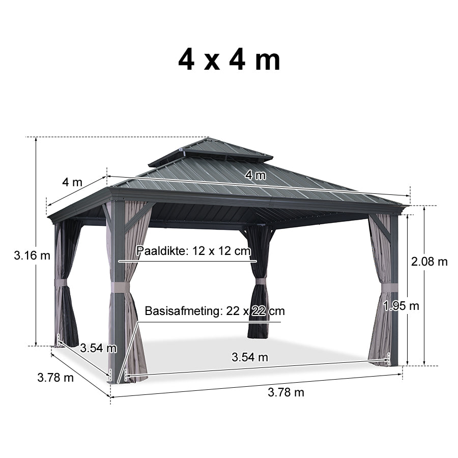 PURPLE LEAF Aluminium Hardtop Paviljoen, Luxe Tuinpaviljoen met Gegalvaniseerd Stalen Dak, Gordijnen en Klamboe, Grijs