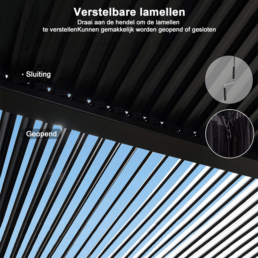 PURPLE LEAF Paviljoen 3 x 4 m Waterdichte pergola met gaasdak Aluminium terrasoverkapping Hardtop paviljoen met klamboe en gordijnen, grijs