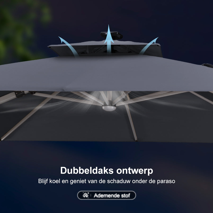 PURPLE LEAF Vierkante Zweefparasol met LED, Dubbel Dak, 360° Draaibaar voor Tuin en Terras