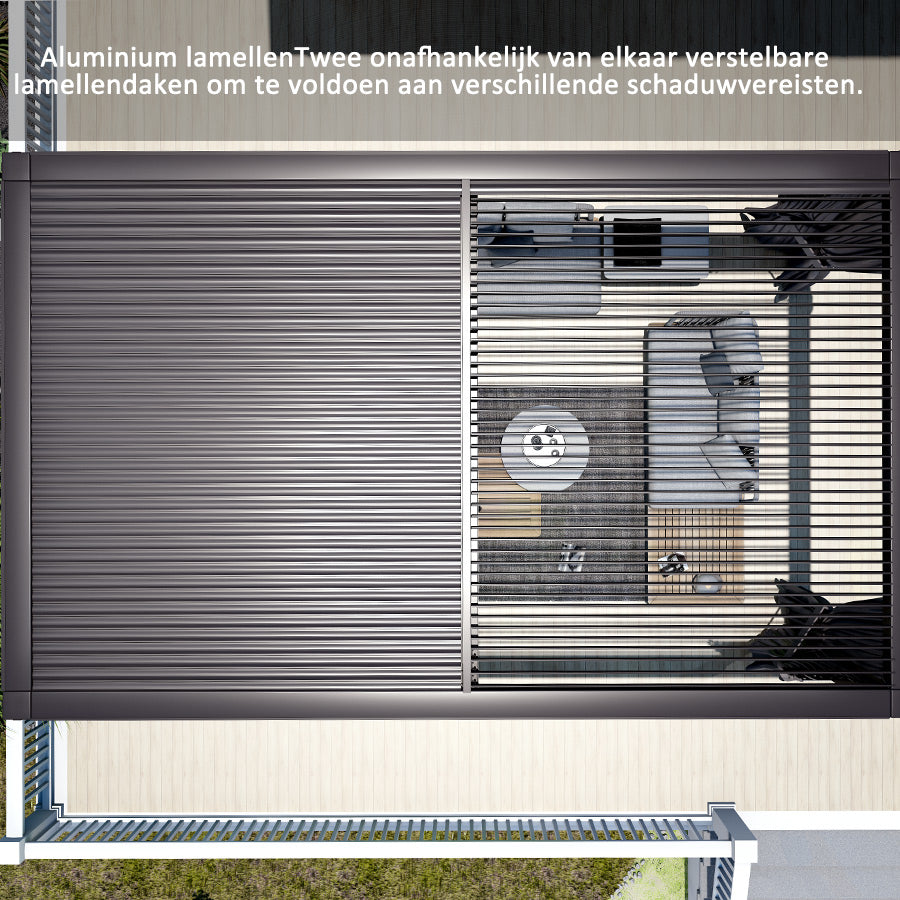 PURPLE LEAF Paviljoen 3 x 4 m Waterdichte pergola met gaasdak Aluminium terrasoverkapping Hardtop paviljoen met klamboe en gordijnen, grijs