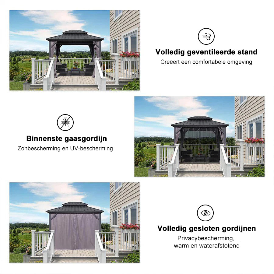 PURPLE LEAF Hardtop Tuinpaviljoen met Stalen Dak, Aluminium Frame, Gordijnen & Klamboe – Grijs
