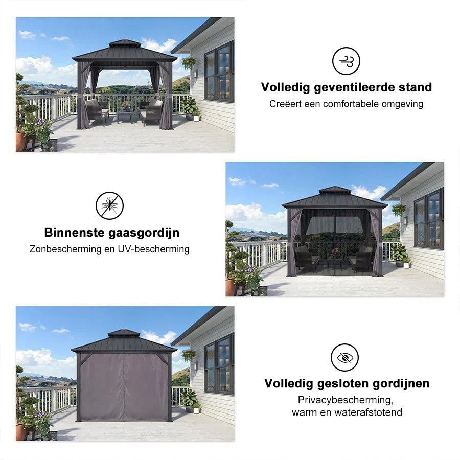 PURPLE LEAF Hardtop Tuinpaviljoen met Stalen Dak, Aluminium Frame, Gordijnen & Klamboe – Grijs