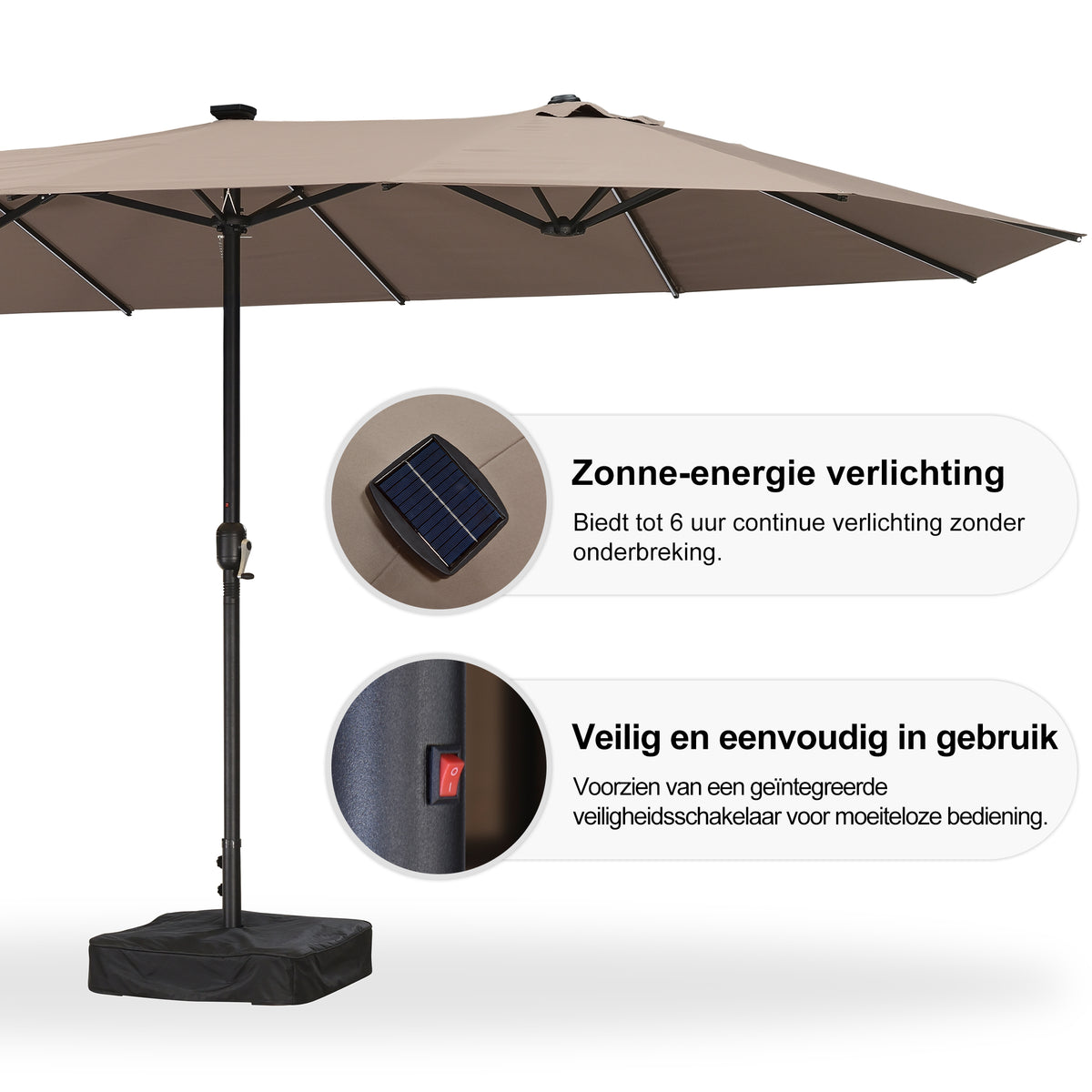 PURPLE LEAF Grote Parasol met 3 Kappen en LED-verlichting voor Tuin en Terras, inclusief Voet
