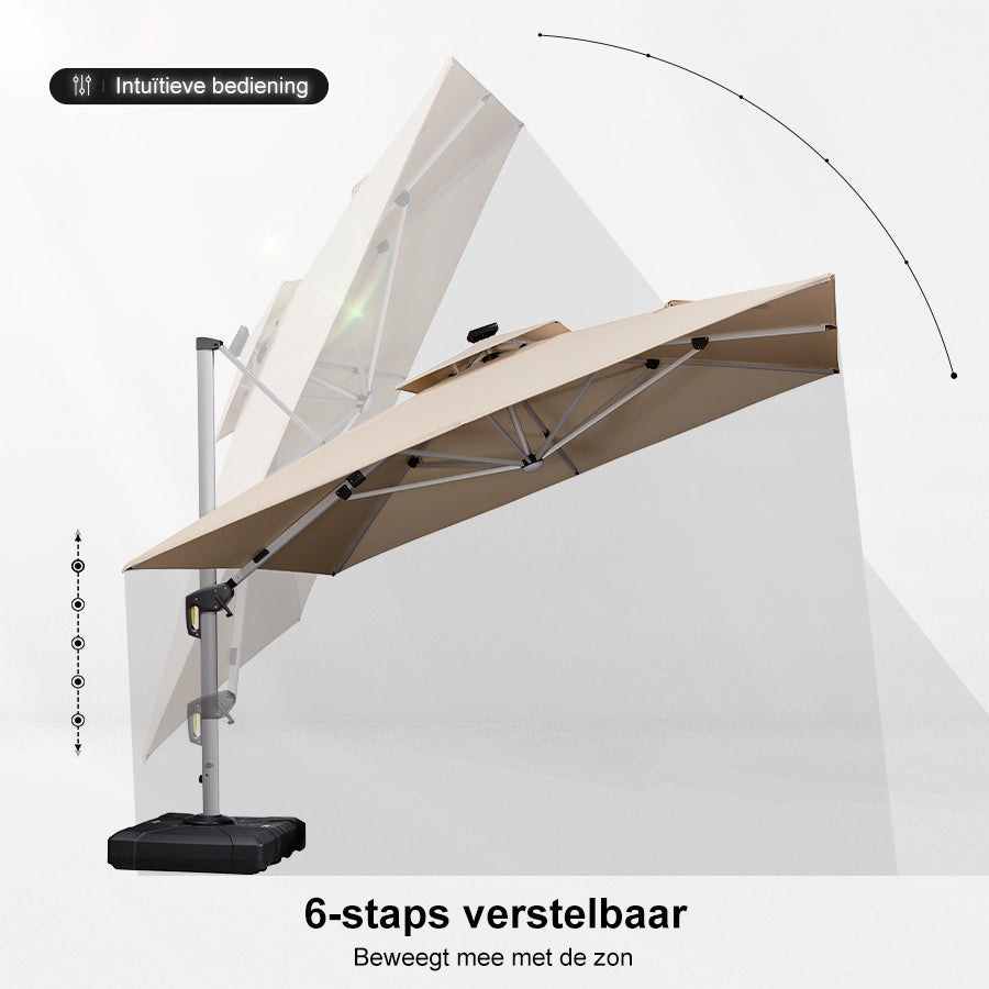 PURPLE LEAF Vierkante Zweefparasol met LED, Dubbel Dak, 360° Draaibaar voor Tuin en Terras