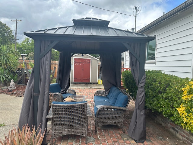 PURPLE LEAF Hardtop Tuinpaviljoen met Stalen Dak, Aluminium Frame, Gordijnen & Klamboe – Grijs