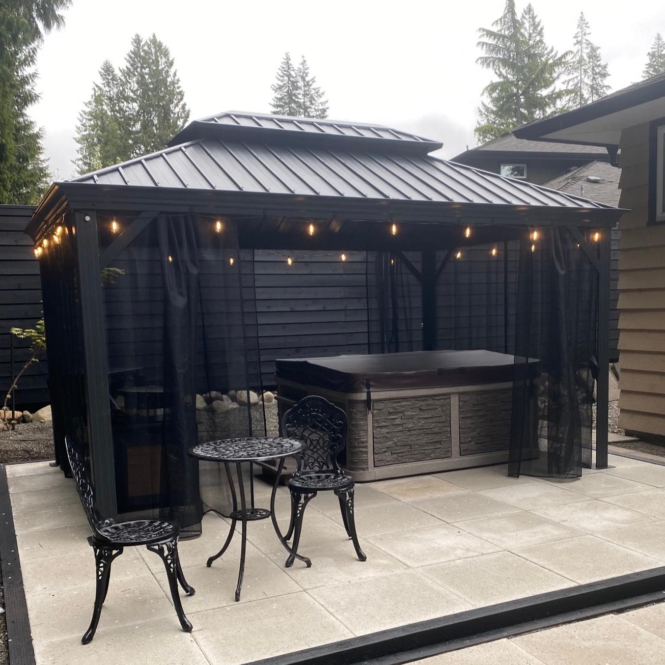 PURPLE LEAF Aluminium Hardtop Paviljoen, Luxe Tuinpaviljoen met Gegalvaniseerd Stalen Dak, Warmwitte Verlichting, Gordijnen en Klamboe, Grijs