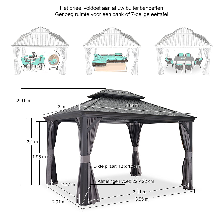PURPLE LEAF Hardtop Prieel Tuin Frame Aluminium Tuinpaviljoen Gegalvaniseerd Stalen Dak Zonwering Partytent met Gordijn en Klamboe Grijs