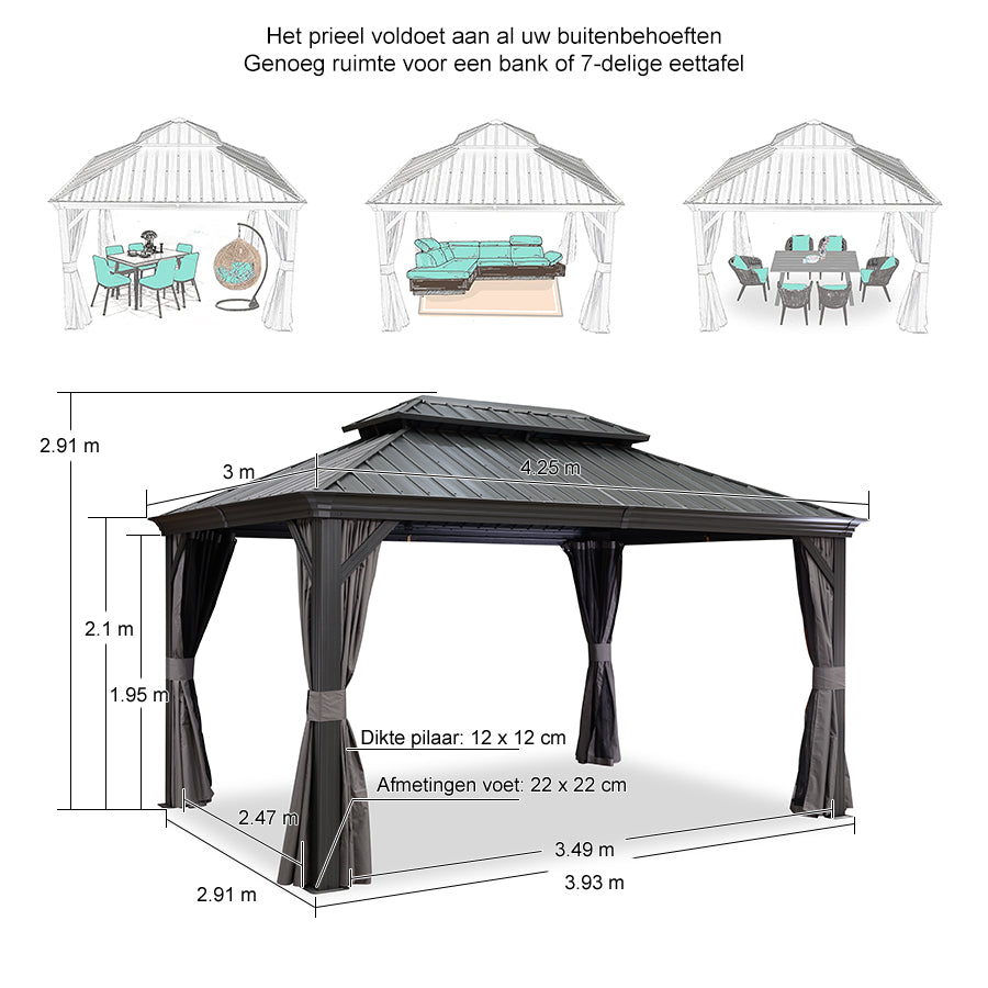 PURPLE LEAF Hardtop Prieel Tuin Frame Aluminium Tuinpaviljoen Gegalvaniseerd Stalen Dak Zonwering Partytent met Gordijn en Klamboe Grijs