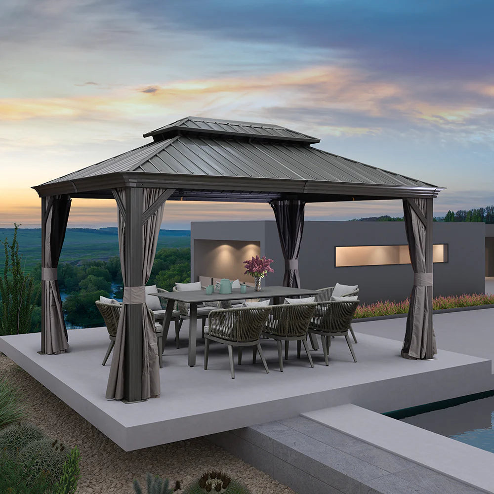 PURPLE LEAF Hardtop Prieel Tuin Frame Aluminium Tuinpaviljoen Gegalvaniseerd Stalen Dak Zonwering Partytent met Gordijn en Klamboe Grijs