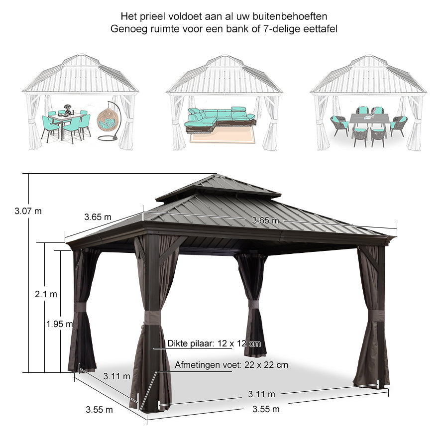 PURPLE LEAF Hardtop Prieel Tuin Frame Aluminium Tuinpaviljoen Gegalvaniseerd Stalen Dak Zonwering Partytent met Gordijn en Klamboe Grijs