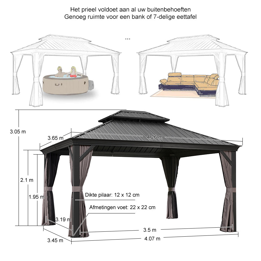 PURPLE LEAF Hardtop Prieel Tuin Frame Aluminium Tuinpaviljoen Gegalvaniseerd Stalen Dak Zonwering Partytent met Gordijn en Klamboe Grijs