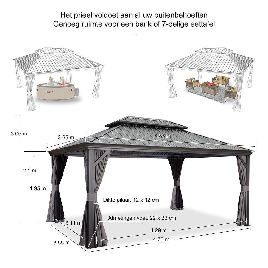 PURPLE LEAF Hardtop Prieel Tuin Frame Aluminium Tuinpaviljoen Gegalvaniseerd Stalen Dak Zonwering Partytent met Gordijn en Klamboe Grijs