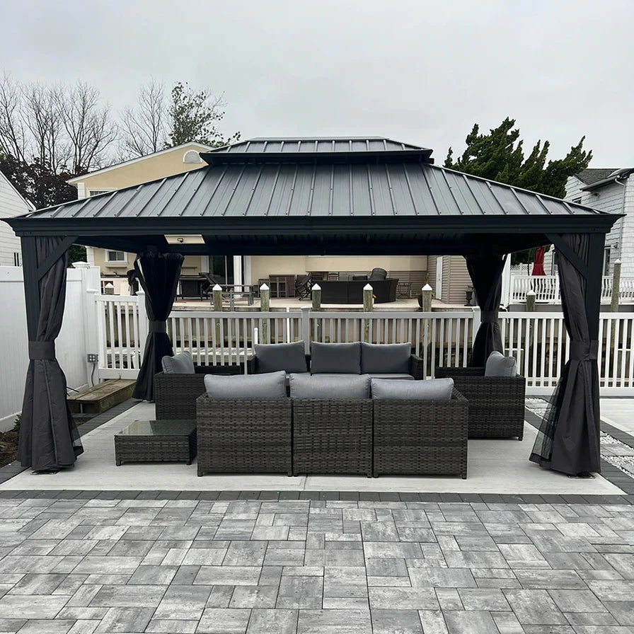 PURPLE LEAF Hardtop Prieel Tuin Frame Aluminium Tuinpaviljoen Gegalvaniseerd Stalen Dak Zonwering Partytent met Gordijn en Klamboe Grijs