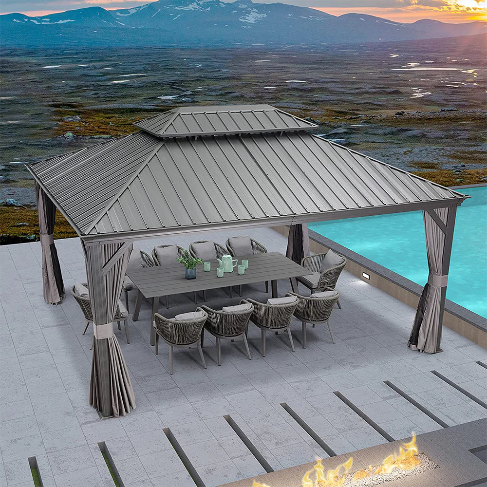 PURPLE LEAF Hardtop Prieel Tuin Frame Aluminium Tuinpaviljoen Gegalvaniseerd Stalen Dak Zonwering Partytent met Gordijn en Klamboe Grijs