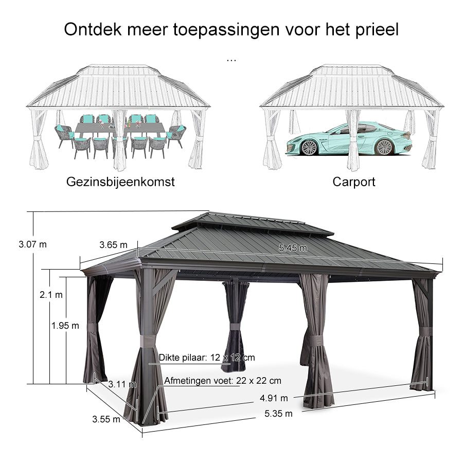 PURPLE LEAF Hardtop Prieel Tuin Frame Aluminium Tuinpaviljoen Gegalvaniseerd Stalen Dak Zonwering Partytent met Gordijn en Klamboe Grijs