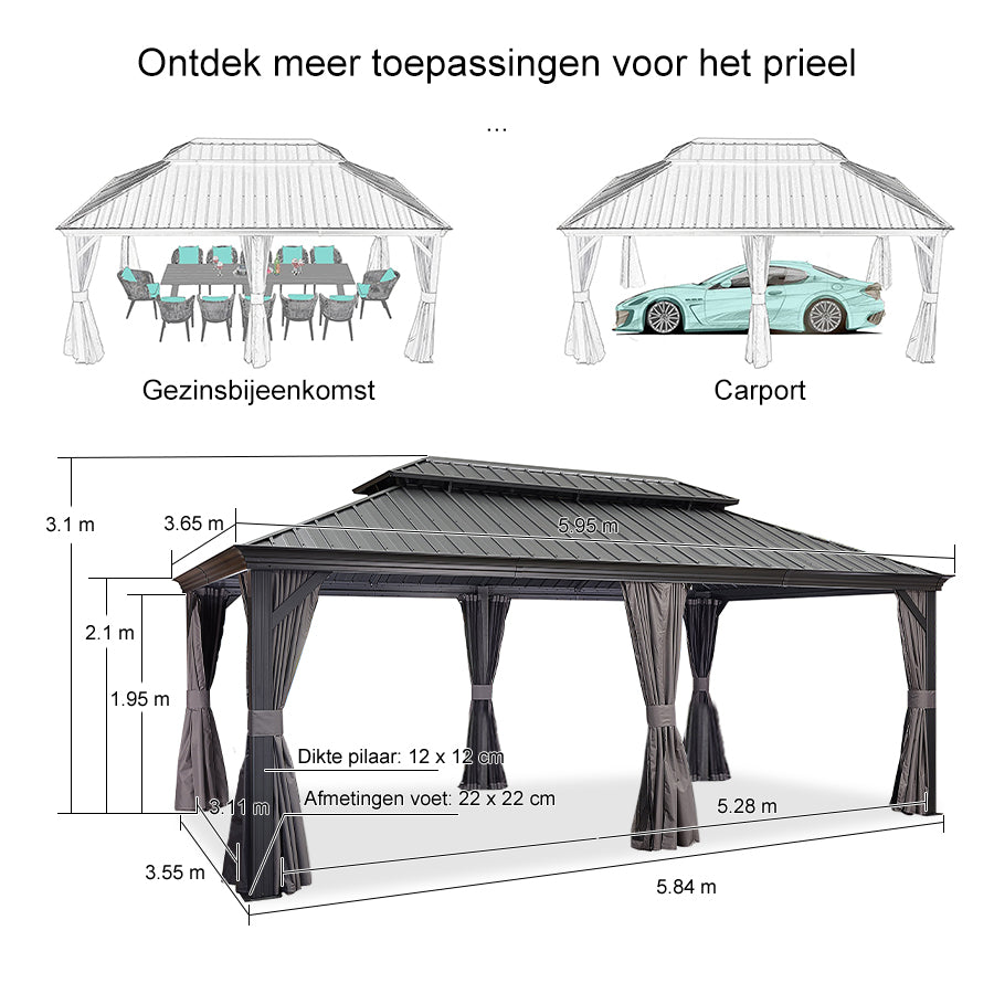 PURPLE LEAF Hardtop Prieel Tuin Frame Aluminium Tuinpaviljoen Gegalvaniseerd Stalen Dak Zonwering Partytent met Gordijn en Klamboe Grijs