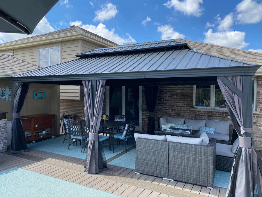 PURPLE LEAF Hardtop Prieel Tuin Frame Aluminium Tuinpaviljoen Gegalvaniseerd Stalen Dak Zonwering Partytent met Gordijn en Klamboe Grijs