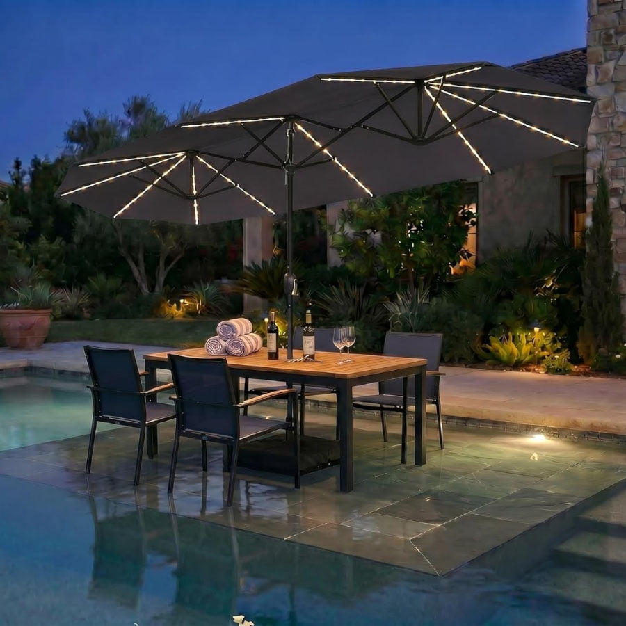 PURPLE LEAF Grote Parasol met 3 Kappen en LED-verlichting voor Tuin en Terras, inclusief Voet