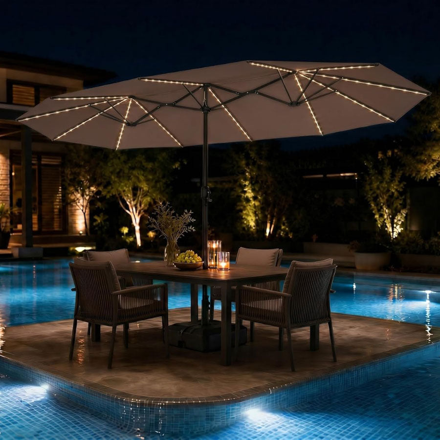 PURPLE LEAF Grote Parasol met 3 Kappen en LED-verlichting voor Tuin en Terras, inclusief Voet