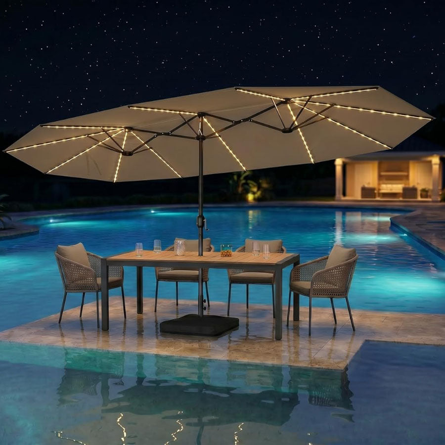 PURPLE LEAF Grote Parasol met 3 Kappen en LED-verlichting voor Tuin en Terras, inclusief Voet