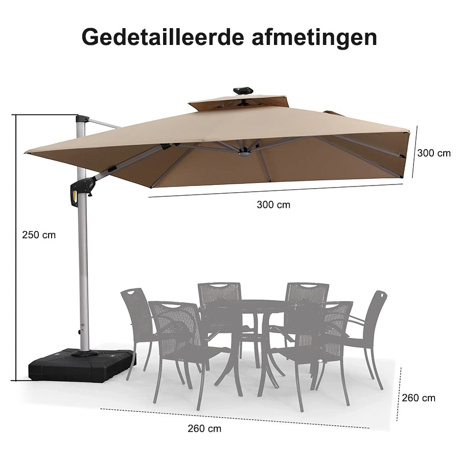 PURPLE LEAF Vierkante Zweefparasol met LED, Dubbel Dak, 360° Draaibaar voor Tuin en Terras