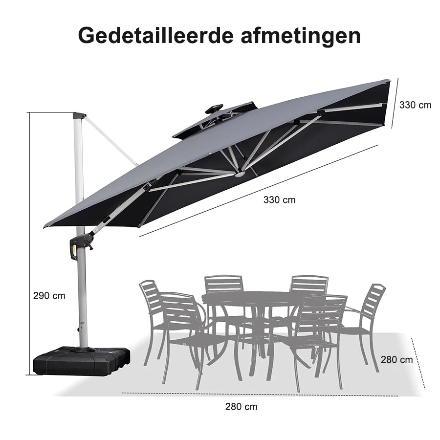 PURPLE LEAF Vierkante Zweefparasol met LED, Dubbel Dak, 360° Draaibaar voor Tuin en Terras