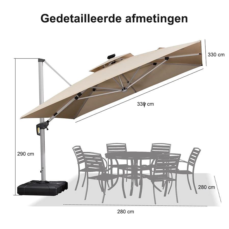 PURPLE LEAF Vierkante Zweefparasol met LED, Dubbel Dak, 360° Draaibaar voor Tuin en Terras