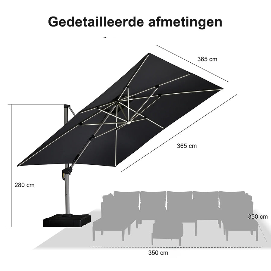 PURPLE LEAF Vierkante Zweefparasol met LED, Dubbel Dak, 360° Draaibaar voor Tuin en Terras