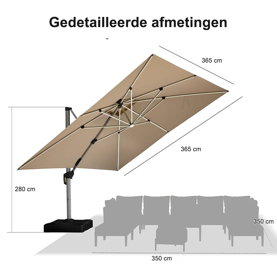PURPLE LEAF Vierkante Zweefparasol met LED, Dubbel Dak, 360° Draaibaar voor Tuin en Terras
