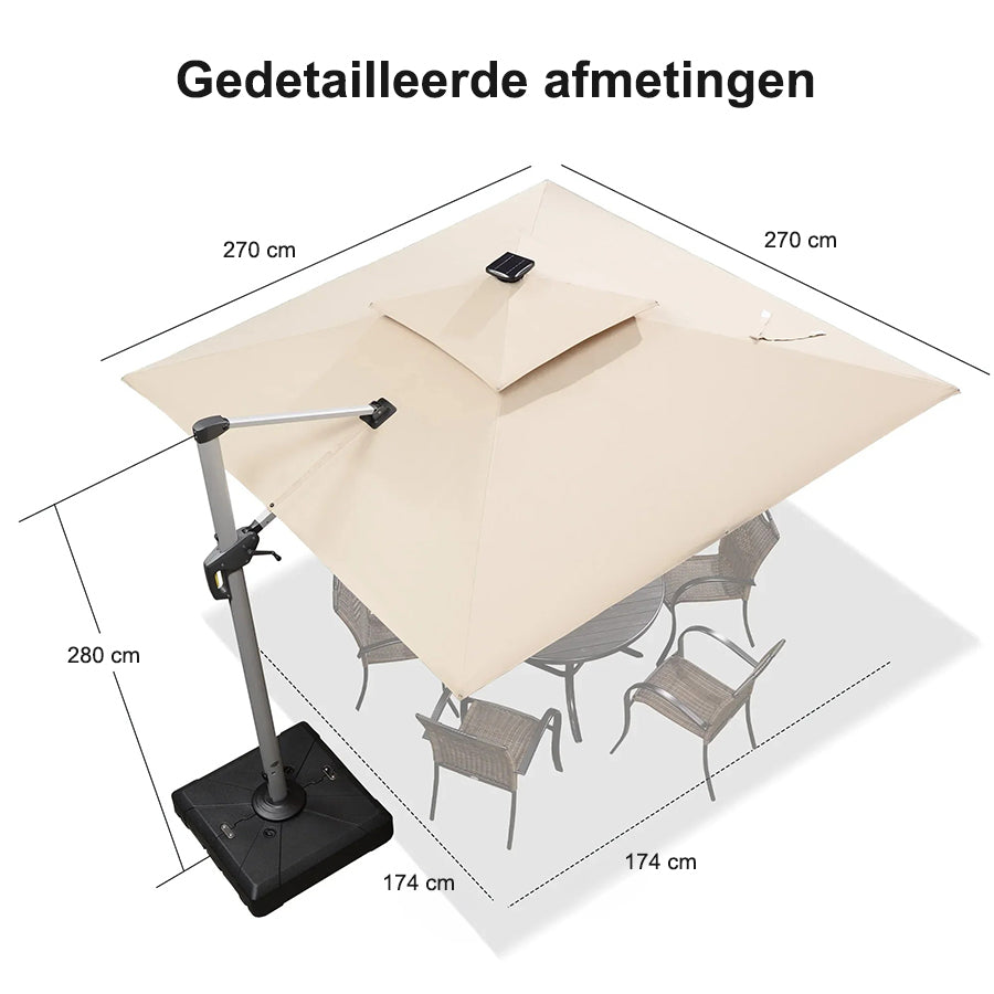 PURPLE LEAF Vierkante Zweefparasol met LED, Dubbel Dak, 360° Draaibaar voor Tuin en Terras