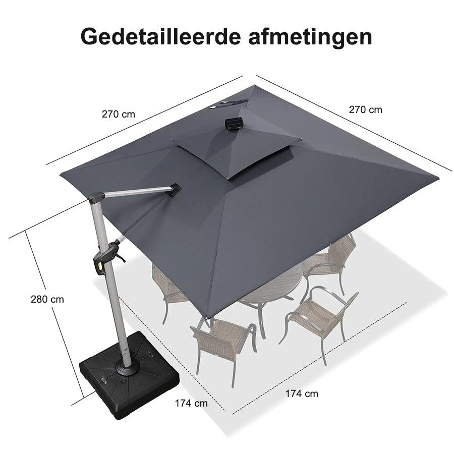 PURPLE LEAF Vierkante Zweefparasol met LED, Dubbel Dak, 360° Draaibaar voor Tuin en Terras