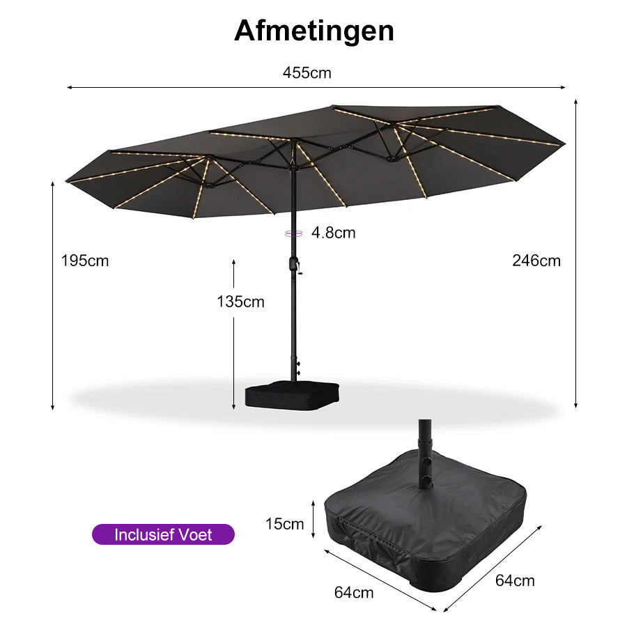 PURPLE LEAF Grote Parasol met 3 Kappen en LED-verlichting voor Tuin en Terras, inclusief Voet