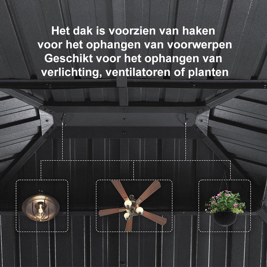 PURPLE LEAF Aluminium Hardtop Paviljoen, Luxe Tuinpaviljoen met Gegalvaniseerd Stalen Dak, Warmwitte Verlichting, Gordijnen en Klamboe, Grijs