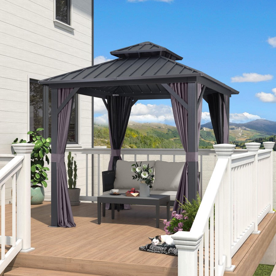 PURPLE LEAF Hardtop Tuinpaviljoen met Stalen Dak, Aluminium Frame, Gordijnen & Klamboe – Grijs