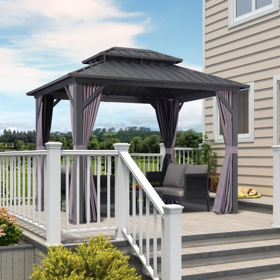 PURPLE LEAF Hardtop Tuinpaviljoen met Stalen Dak, Aluminium Frame, Gordijnen & Klamboe – Grijs