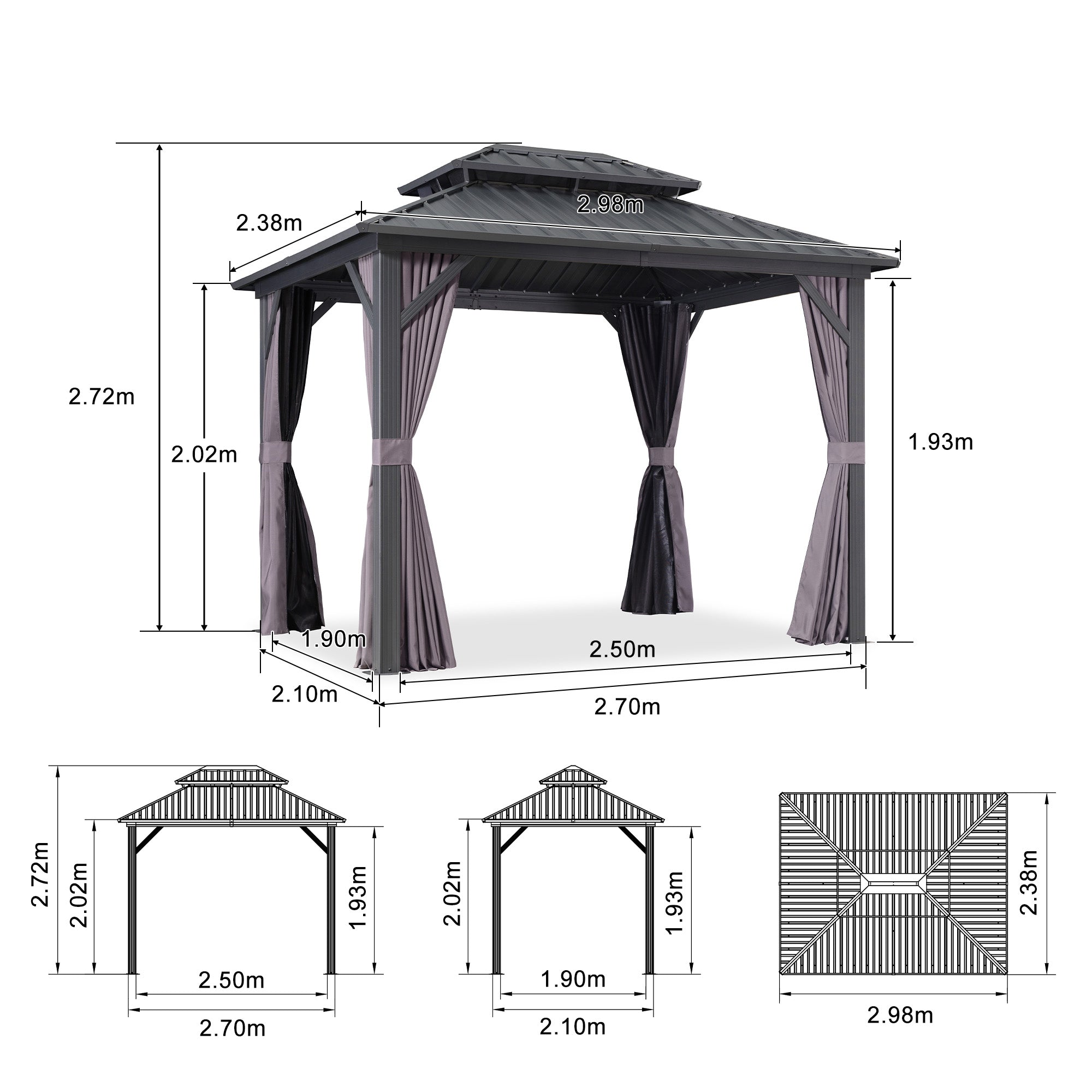 PURPLE LEAF Hardtop Tuinpaviljoen met Stalen Dak, Aluminium Frame, Gordijnen & Klamboe – Grijs