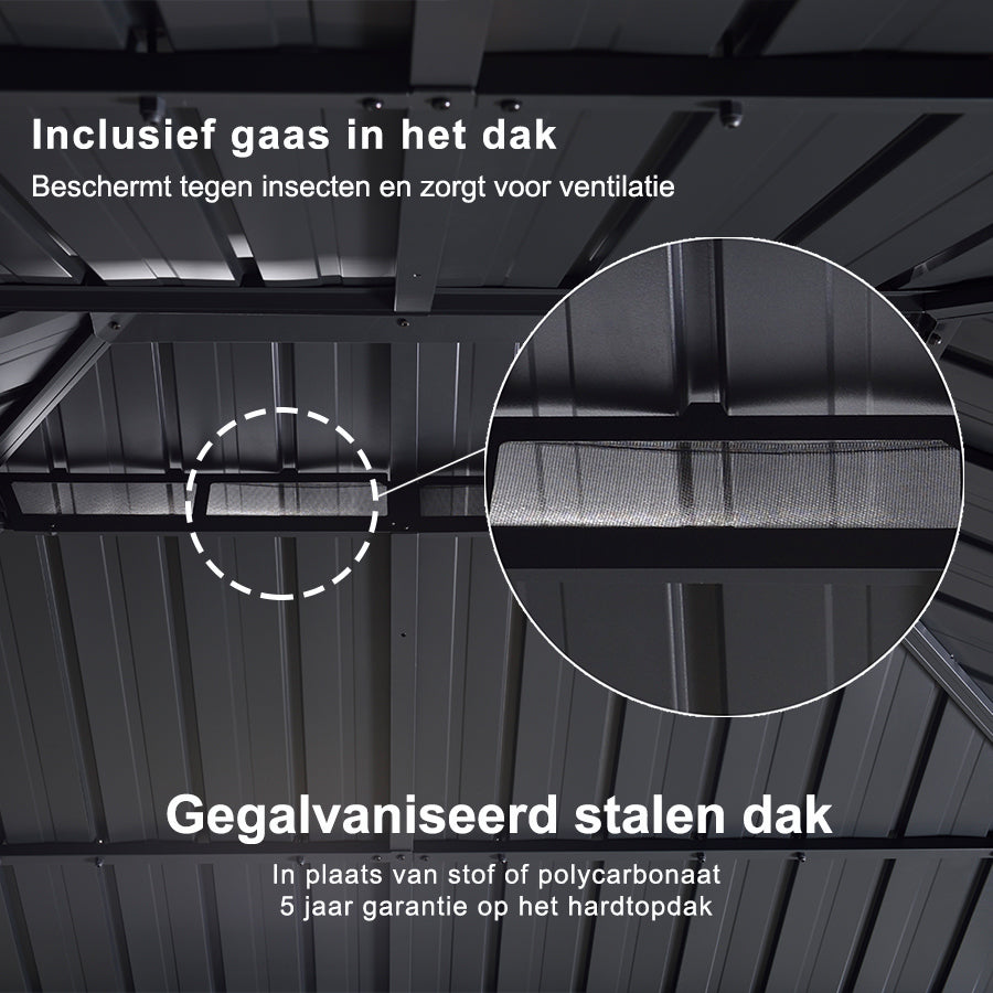 PURPLE LEAF Aluminium Hardtop Paviljoen, Luxe Tuinpaviljoen met Gegalvaniseerd Stalen Dak, Warmwitte Verlichting, Gordijnen en Klamboe, Grijs