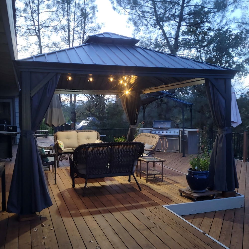 PURPLE LEAF Aluminium Hardtop Paviljoen, Luxe Tuinpaviljoen met Gegalvaniseerd Stalen Dak, Warmwitte Verlichting, Gordijnen en Klamboe, Grijs